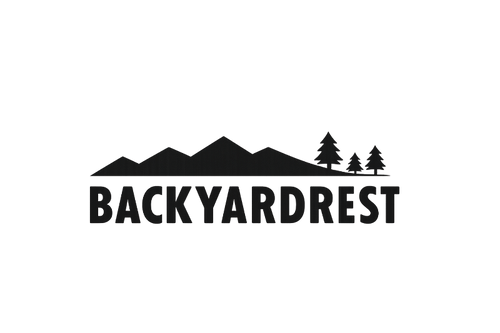 Logo of 'Backyardrest' with mountain and tree design on a white background